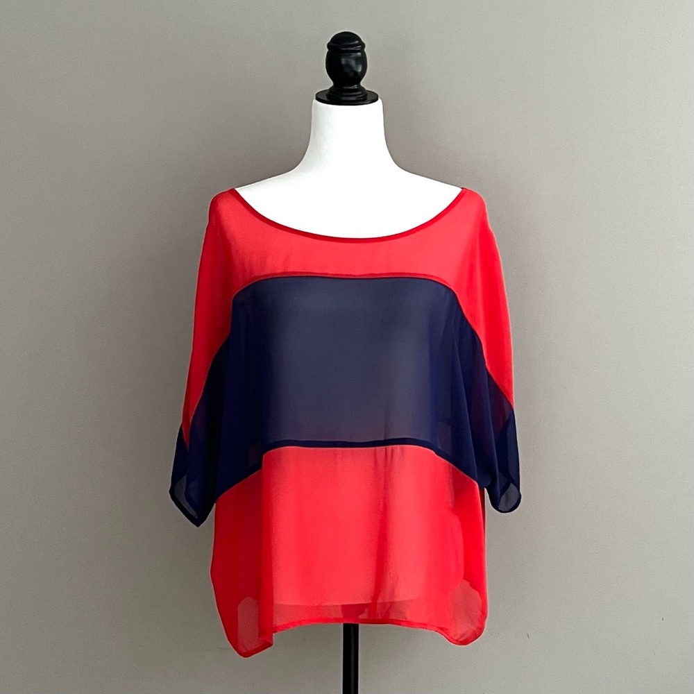 Orange and blue sheer blouse